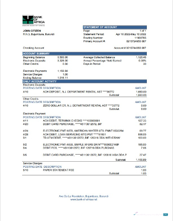 Download Burundi Bank of Africa bank statement (AutoSum) excel Photoshop template